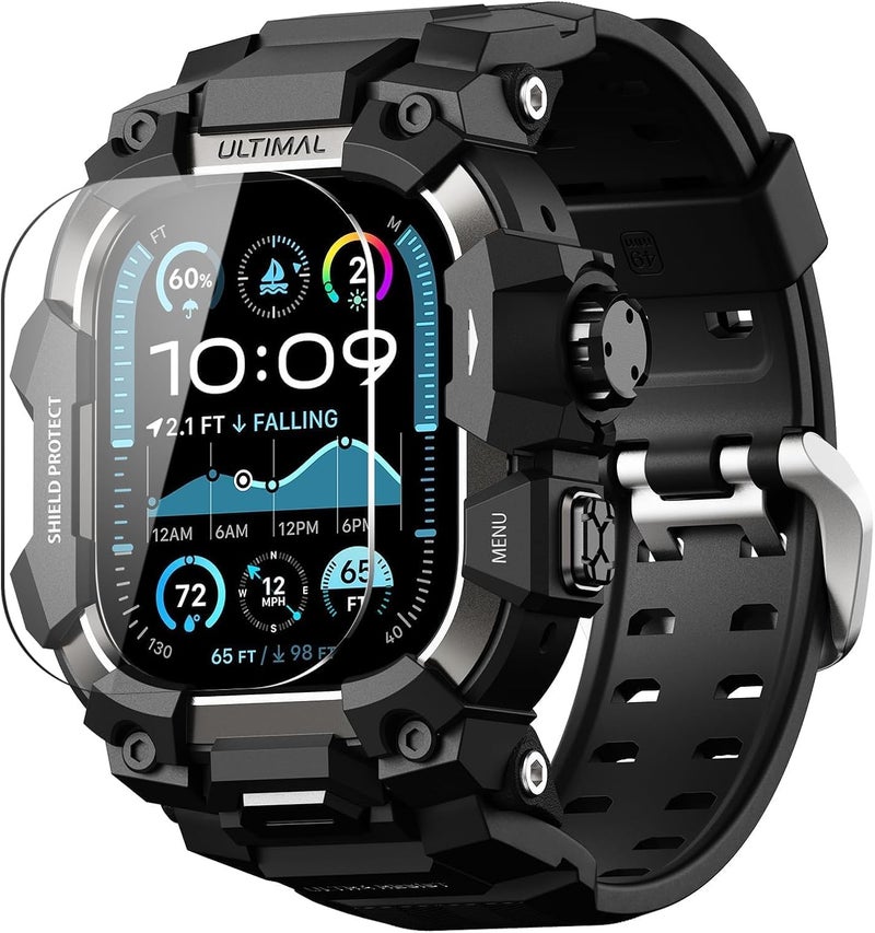 ULTIMAL Rugged Case with Band for Apple Watch 49mm,Compatible with Apple Watch Ultra 3/2/1, Military Grade Shockproof Bumper Cover for iWatch Tactical Band Men (49mm,Black) - Image 1